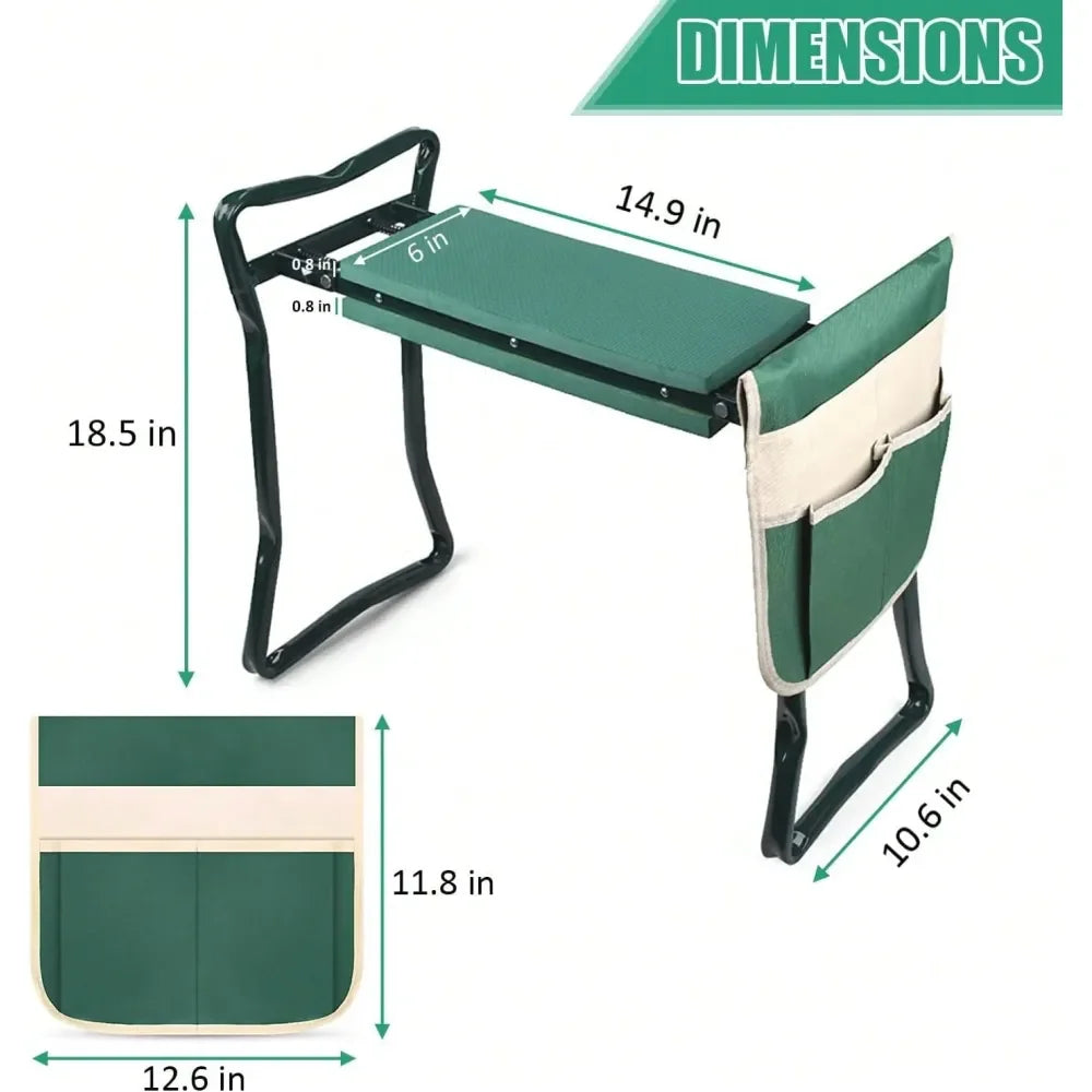 Kneeler And Seat, Soft EVA Kneeling Pad Stool With Tool Pouch, Heavy Duty, Green