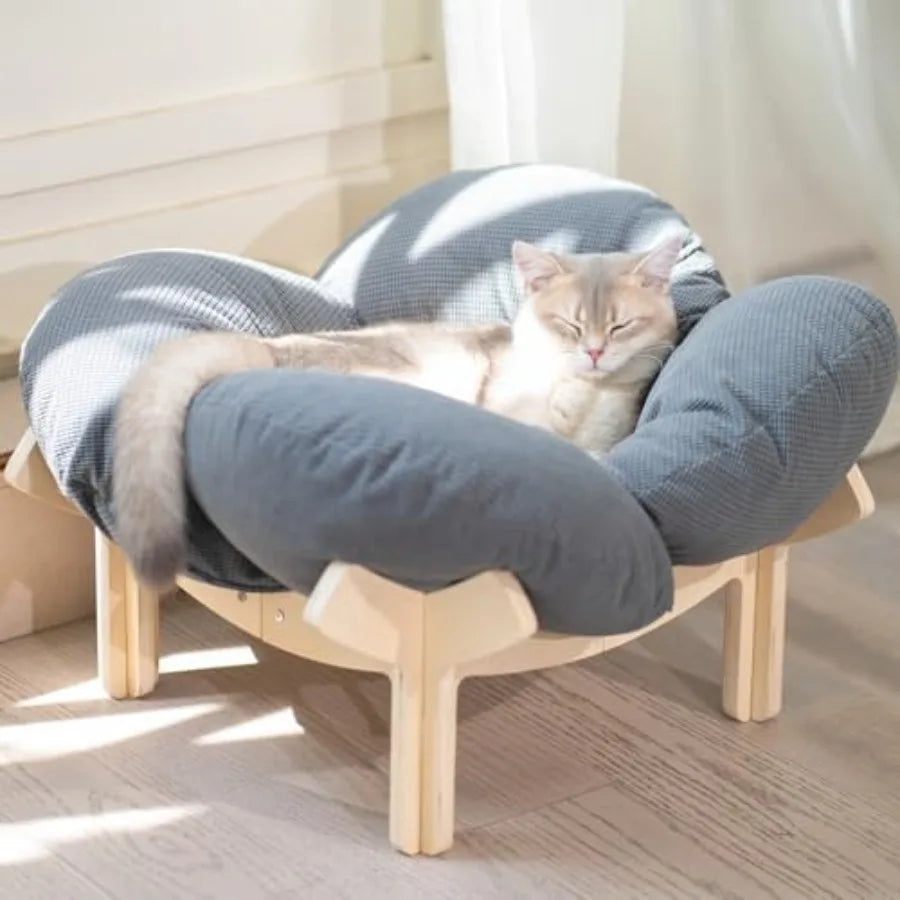 Elevated Cat Bed Wooden with Cushion Fluffy Pet Couch Sofa