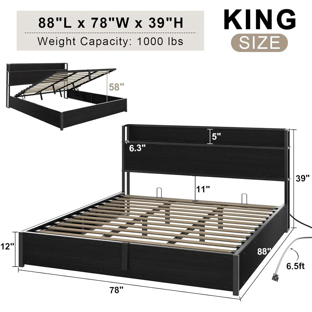 King Lift Up Storage Bed Frame Wooden Platform USB Charging