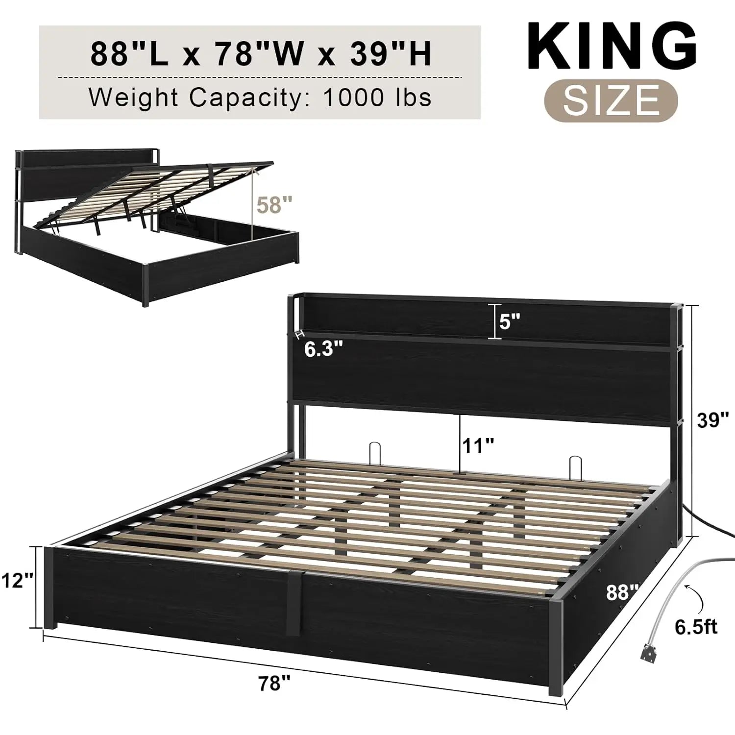 King Lift Up Storage Bed Frame Wooden Platform USB Charging